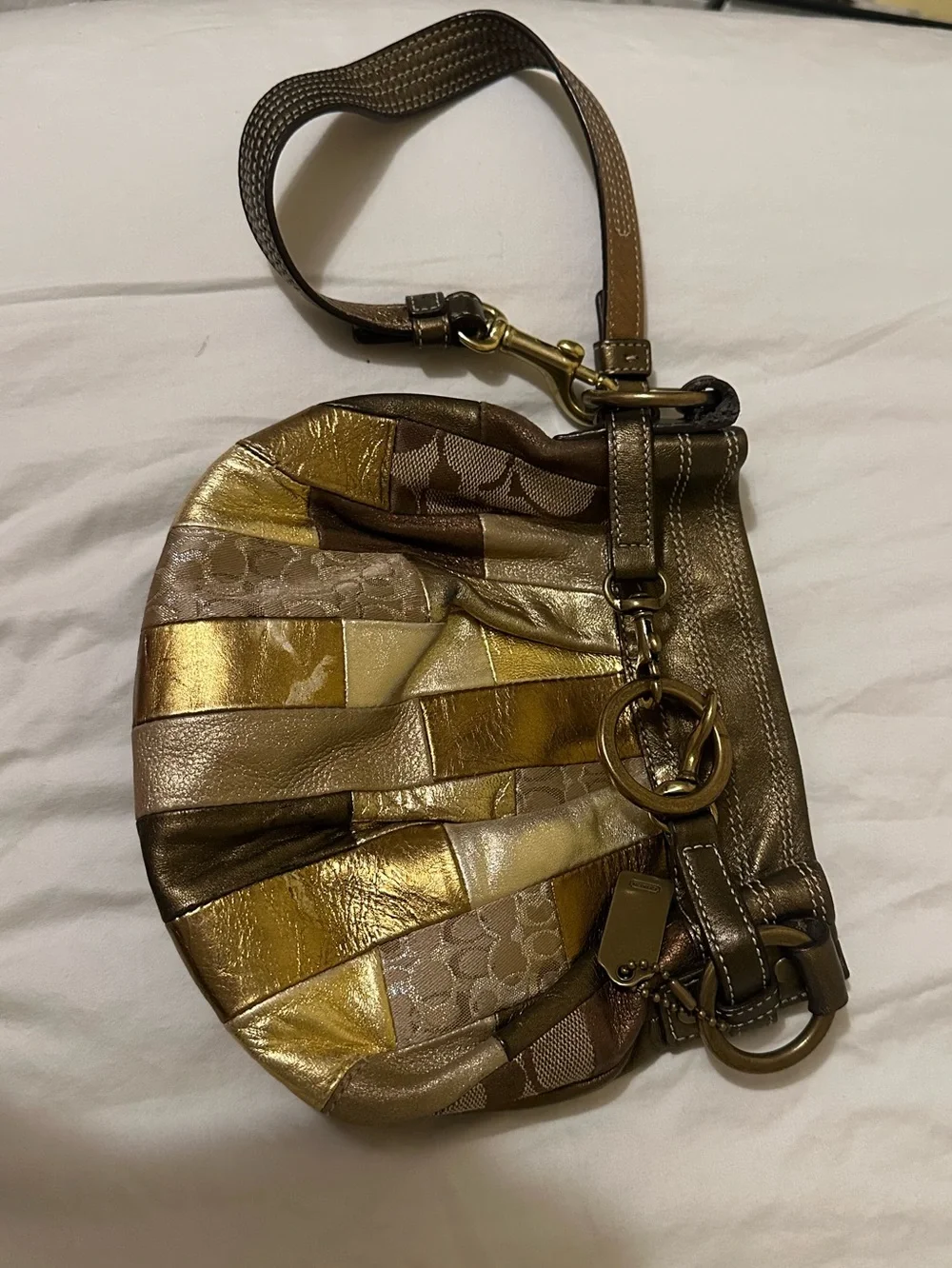 Coach Gold and Brown Patchwork Wristlet hand Bag
